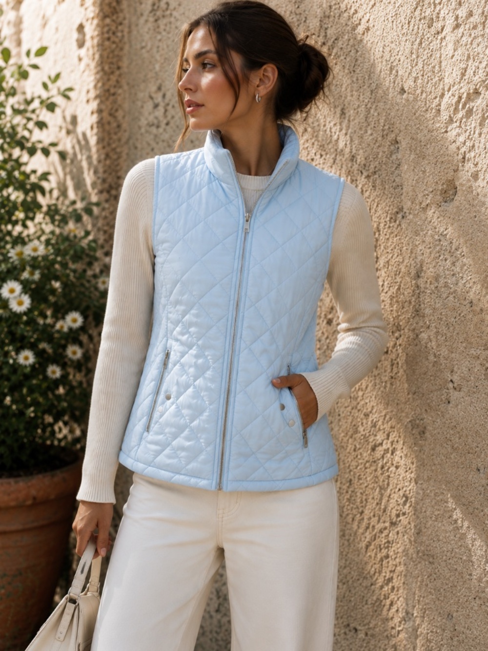 FUINLOTH Powder Blue Quilted Puffer Vest Silver Zip Pockets Lightweight Size M